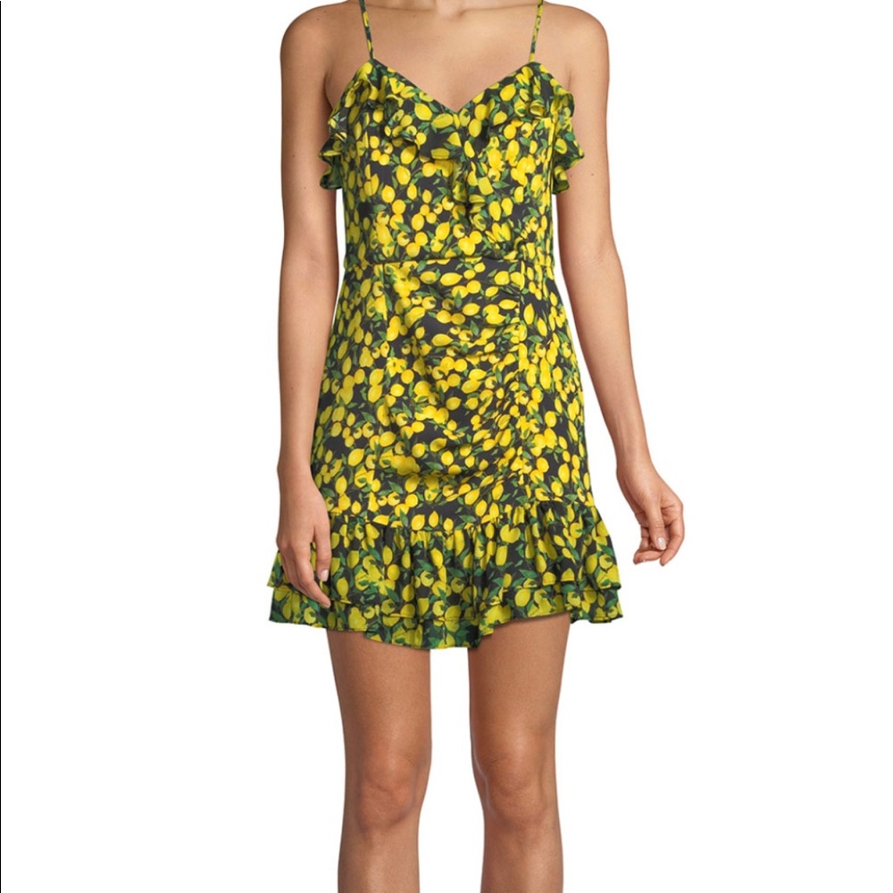Parker lemon print ruched ruffle mini dress